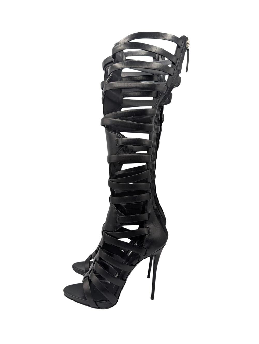 Giuseppe Zanotti Coline Black Leather Gladiator Knee High Cage Heels Size 37.5